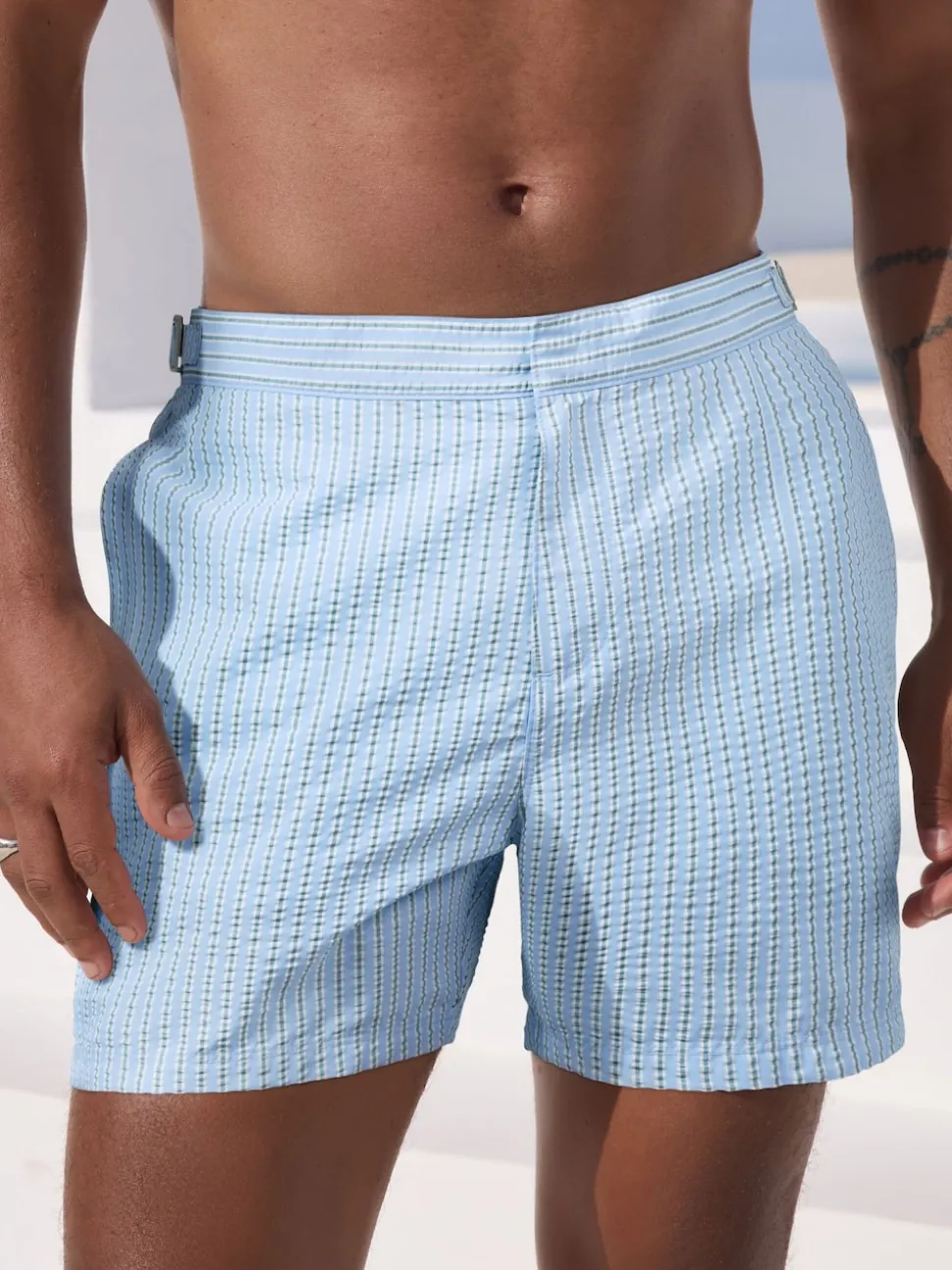 Light Blue Multi Stripe Signature Tailored Waistband Swim Shorts