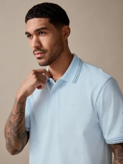 Light Blue Ottoman Regular Fit Short Sleeve Tipped Polo Shirt