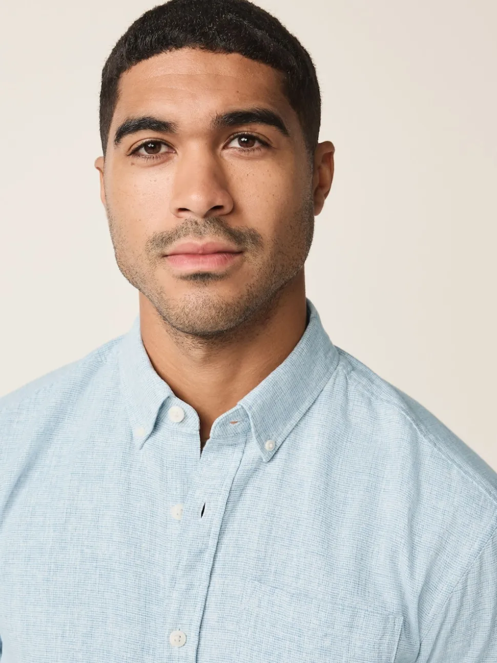 Light Blue Standard Collar Cotton Linen Blend Long Sleeve Shirt