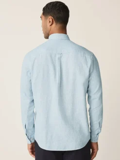 Light Blue Standard Collar Cotton Linen Blend Long Sleeve Shirt