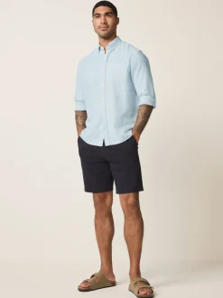 Light Blue Standard Collar Cotton Linen Blend Long Sleeve Shirt