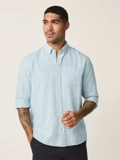 Light Blue Standard Collar Cotton Linen Blend Long Sleeve Shirt