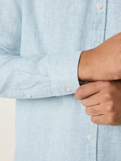 Light Blue Standard Collar Cotton Linen Blend Long Sleeve Shirt
