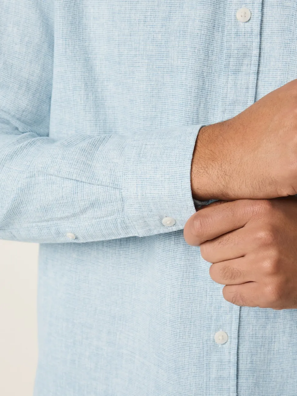 Light Blue Standard Collar Cotton Linen Blend Long Sleeve Shirt