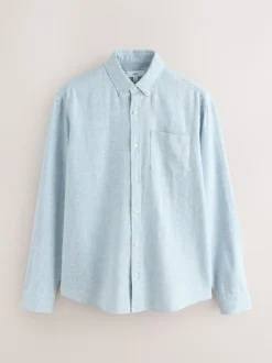 Light Blue Standard Collar Cotton Linen Blend Long Sleeve Shirt