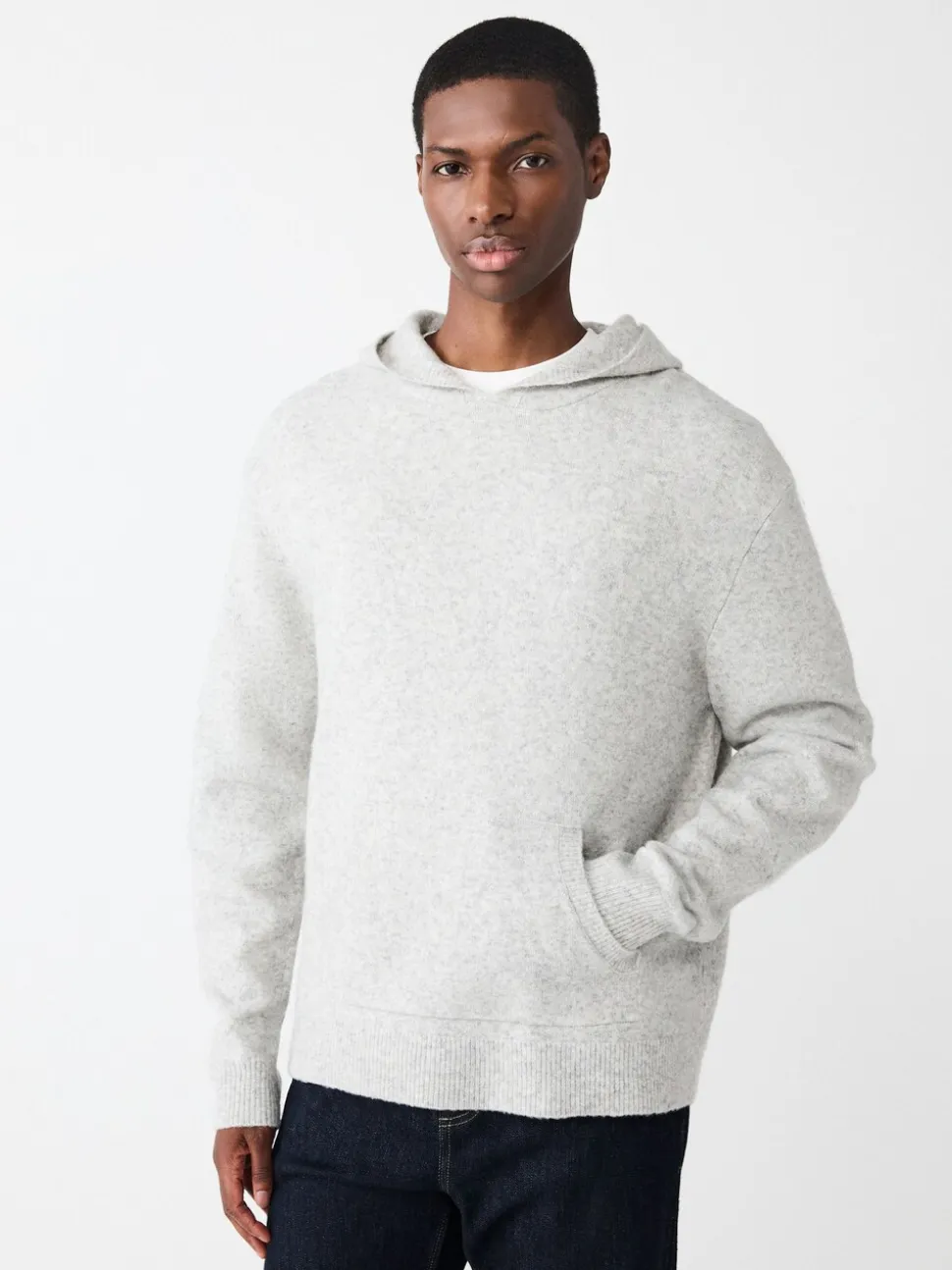 Light Grey Marl Relaxed Fit Cosy Knitted Hoodie with Wool
