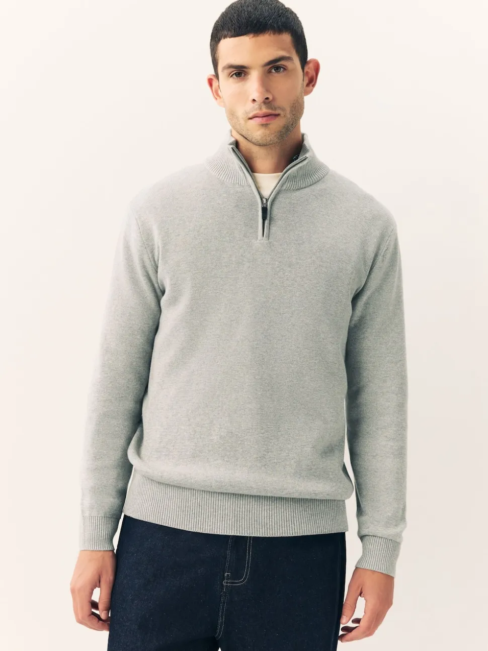 Light Grey Plain N.Premium Regular Fit 100% Cotton Premium Quarter Zip Jumper