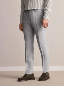 Light Grey Slim Fit Signature Leomaster Italian 100% Linen Fabric Suit Trousers