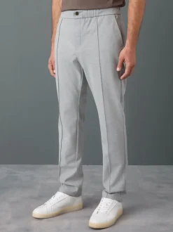 Light Grey Slim Fit Smart Elasticated Waistband Trousers With Wool Content