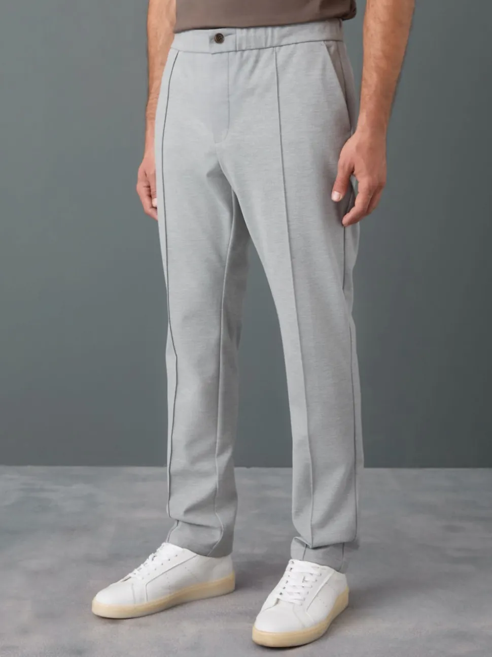 Light Grey Slim Fit Smart Elasticated Waistband Trousers With Wool Content