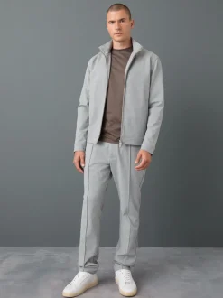 Light Grey Slim Fit Smart Elasticated Waistband Trousers With Wool Content