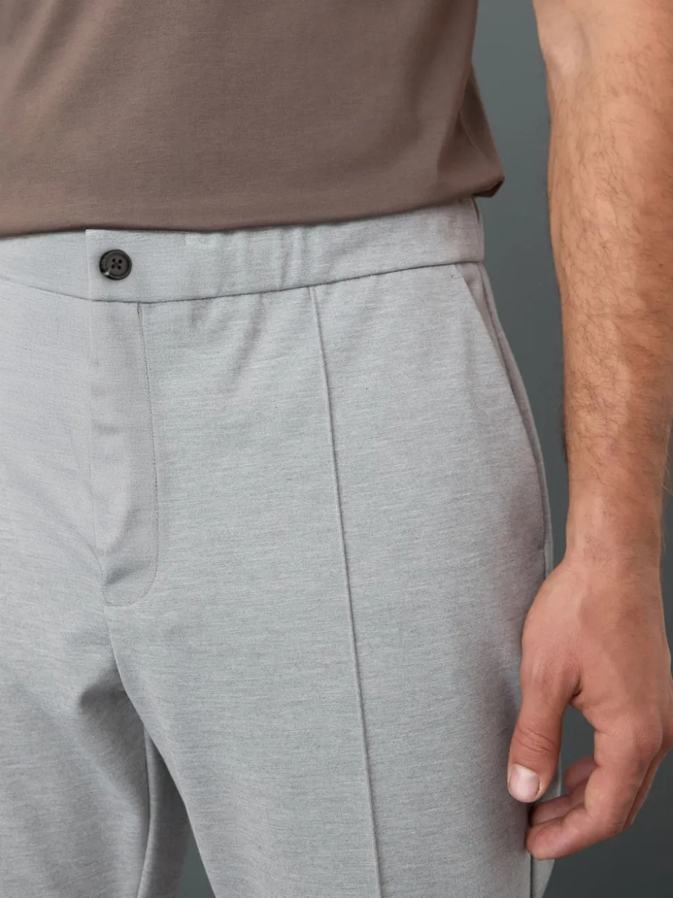 Light Grey Slim Fit Smart Elasticated Waistband Trousers With Wool Content