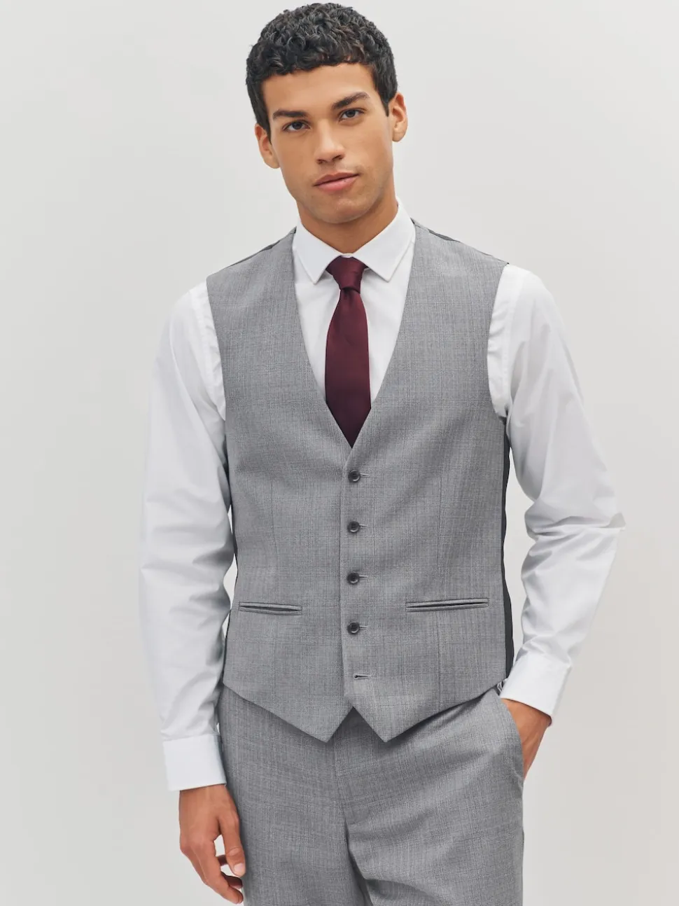Light Grey Textured Wool Blend Suit Waistcoat