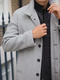 Light Grey Wool Blend Mock Gilet Herringbone Padded Coat
