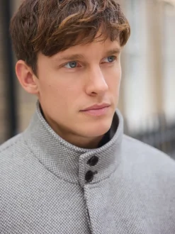 Light Grey Wool Blend Mock Gilet Herringbone Padded Coat