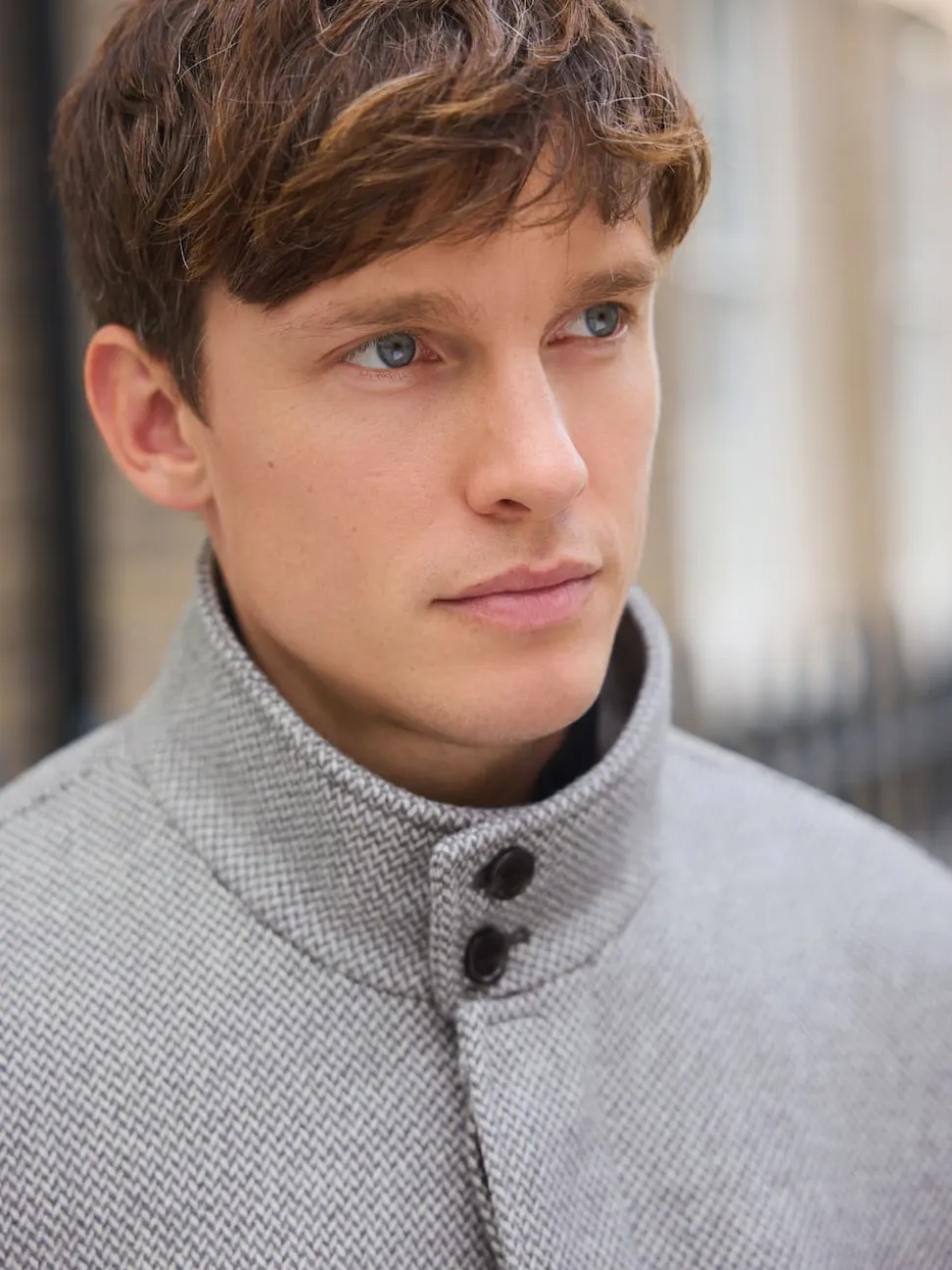 Light Grey Wool Blend Mock Gilet Herringbone Padded Coat