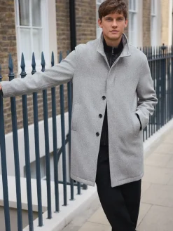 Light Grey Wool Blend Mock Gilet Herringbone Padded Coat