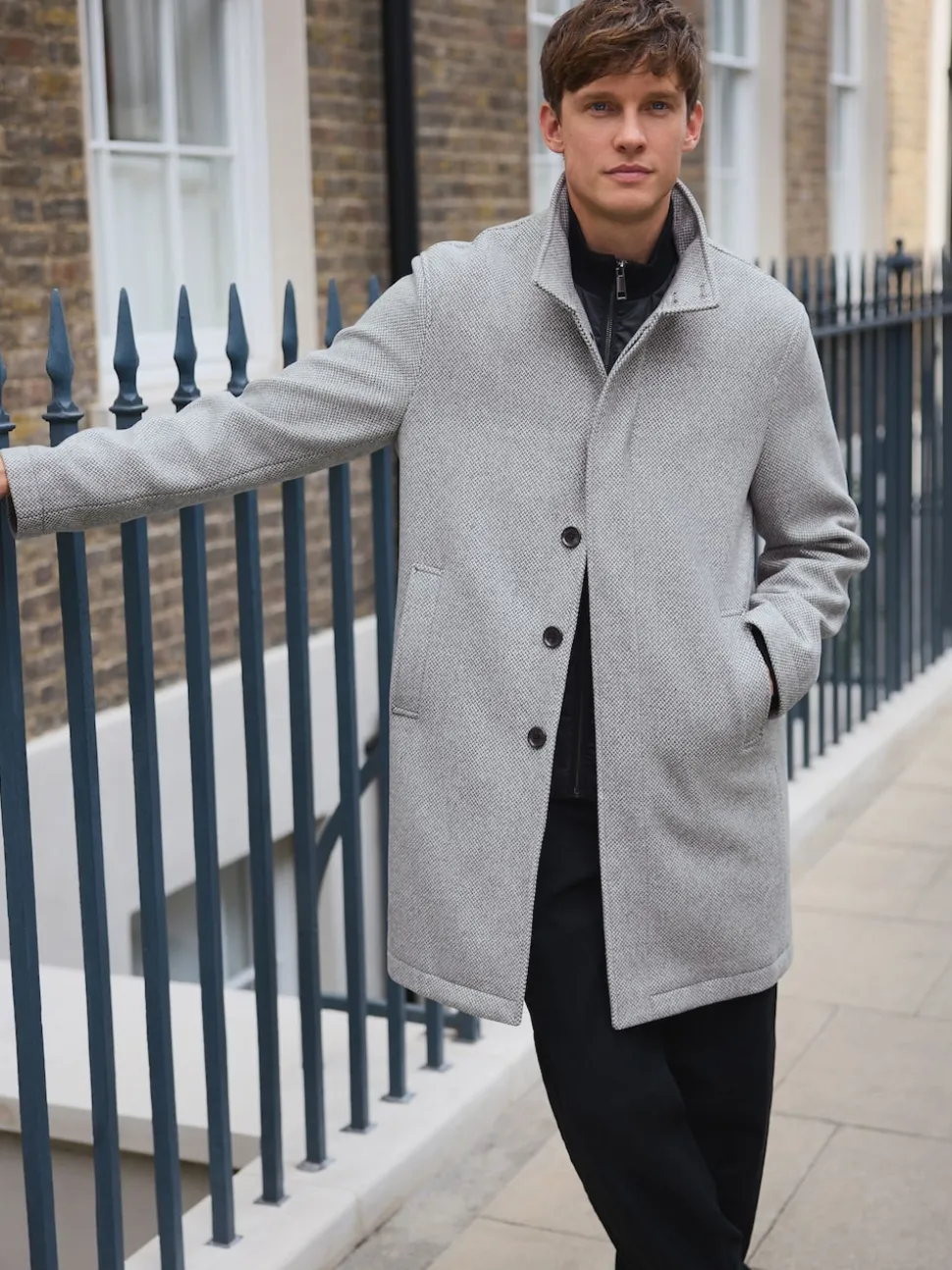 Light Grey Wool Blend Mock Gilet Herringbone Padded Coat