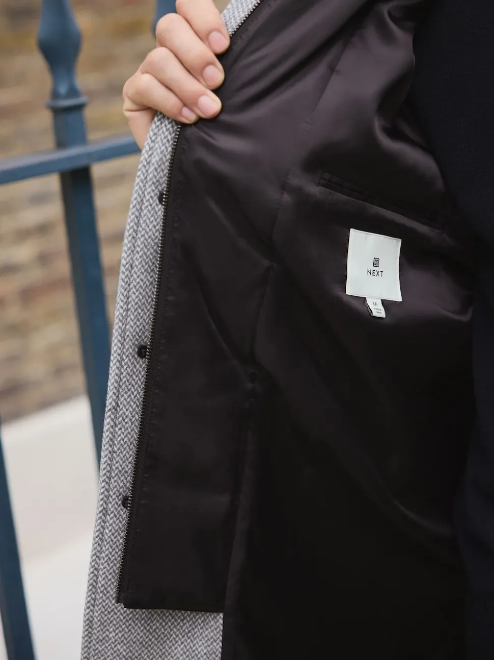Light Grey Wool Blend Mock Gilet Herringbone Padded Coat