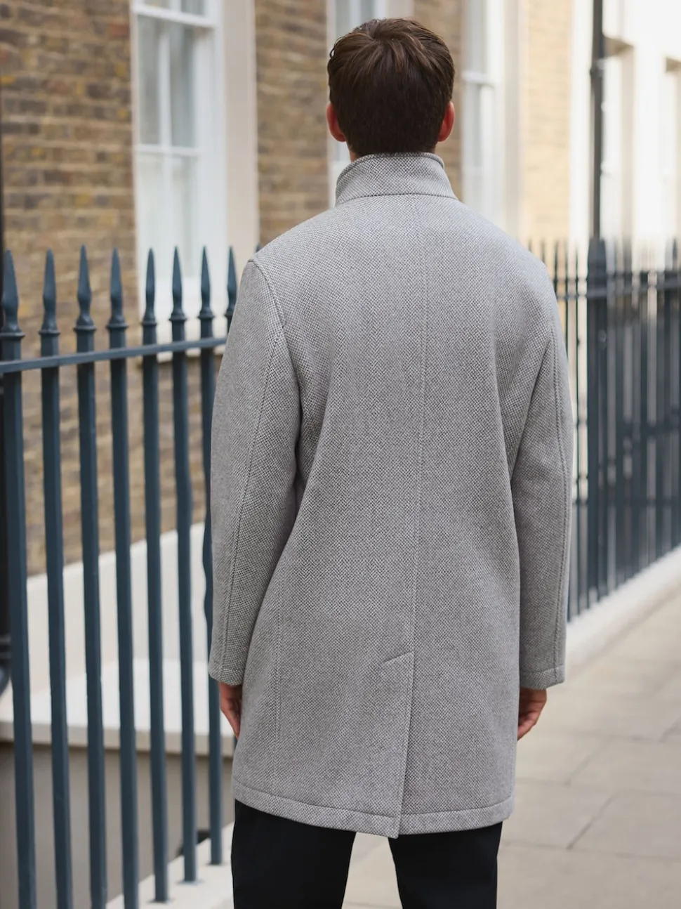 Light Grey Wool Blend Mock Gilet Herringbone Padded Coat