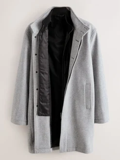 Light Grey Wool Blend Mock Gilet Herringbone Padded Coat