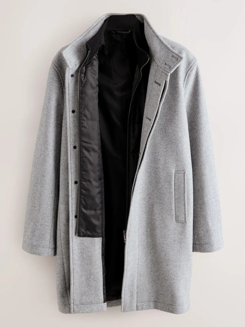 Light Grey Wool Blend Mock Gilet Herringbone Padded Coat