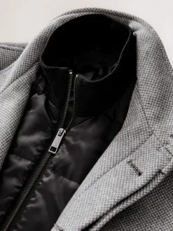 Light Grey Wool Blend Mock Gilet Herringbone Padded Coat
