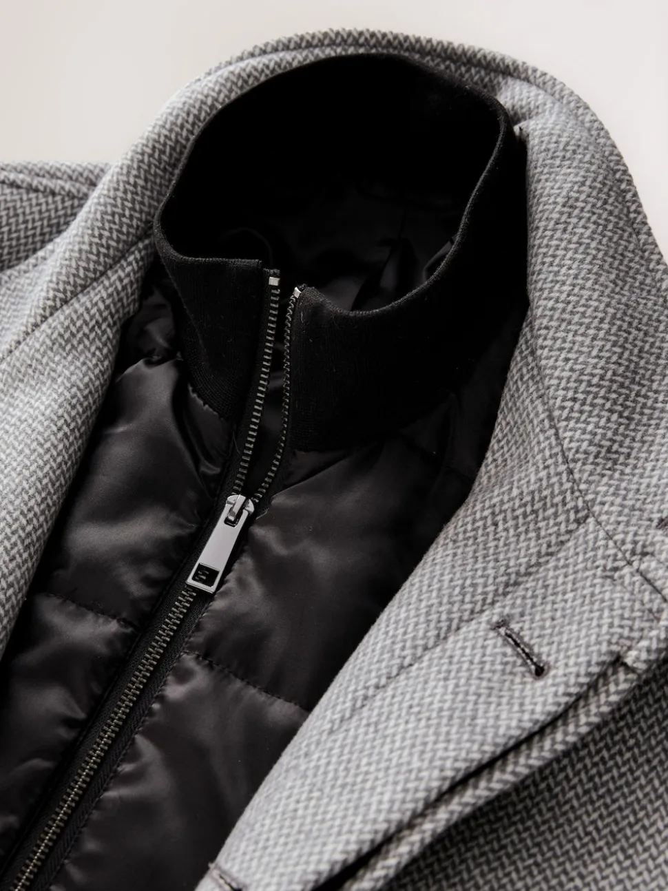 Light Grey Wool Blend Mock Gilet Herringbone Padded Coat