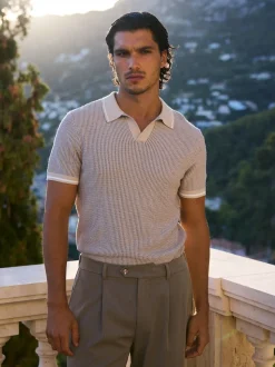 MAUVAIS Blue Giordini Tipped Birdseye Knit Polo Shirt