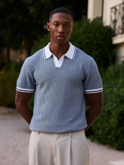 MAUVAIS Blue Giordini Tipped Birdseye Knit Polo Shirt