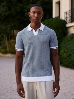 MAUVAIS Blue Giordini Tipped Birdseye Knit Polo Shirt