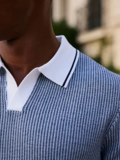 MAUVAIS Blue Giordini Tipped Birdseye Knit Polo Shirt