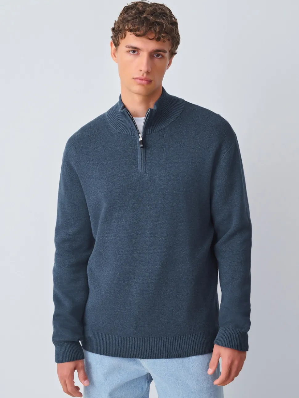 Mid Blue Plain N.Premium Regular Fit 100% Cotton Premium Quarter Zip Jumper