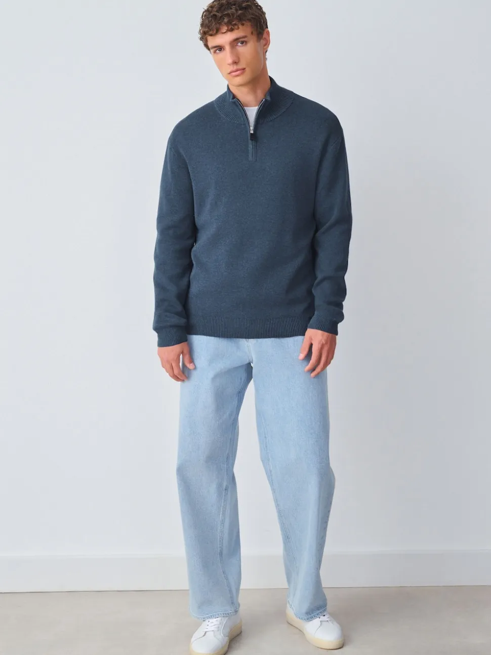 Mid Blue Plain N.Premium Regular Fit 100% Cotton Premium Quarter Zip Jumper