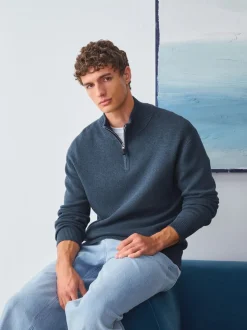 Mid Blue Plain N.Premium Regular Fit 100% Cotton Premium Quarter Zip Jumper