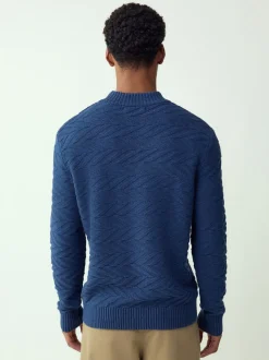 Mid Blue Regular Fit Cotton Rich Chevron Cable Crew Neck Jumper