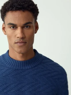 Mid Blue Regular Fit Cotton Rich Chevron Cable Crew Neck Jumper