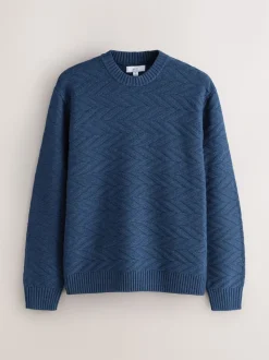 Mid Blue Regular Fit Cotton Rich Chevron Cable Crew Neck Jumper