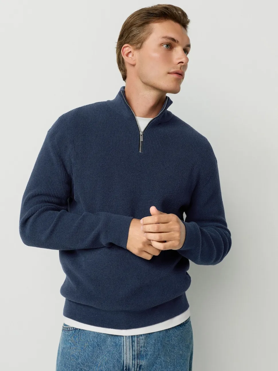 Mid Blue Regular Fit Ribbed Chenille Quarter Zip Jumper