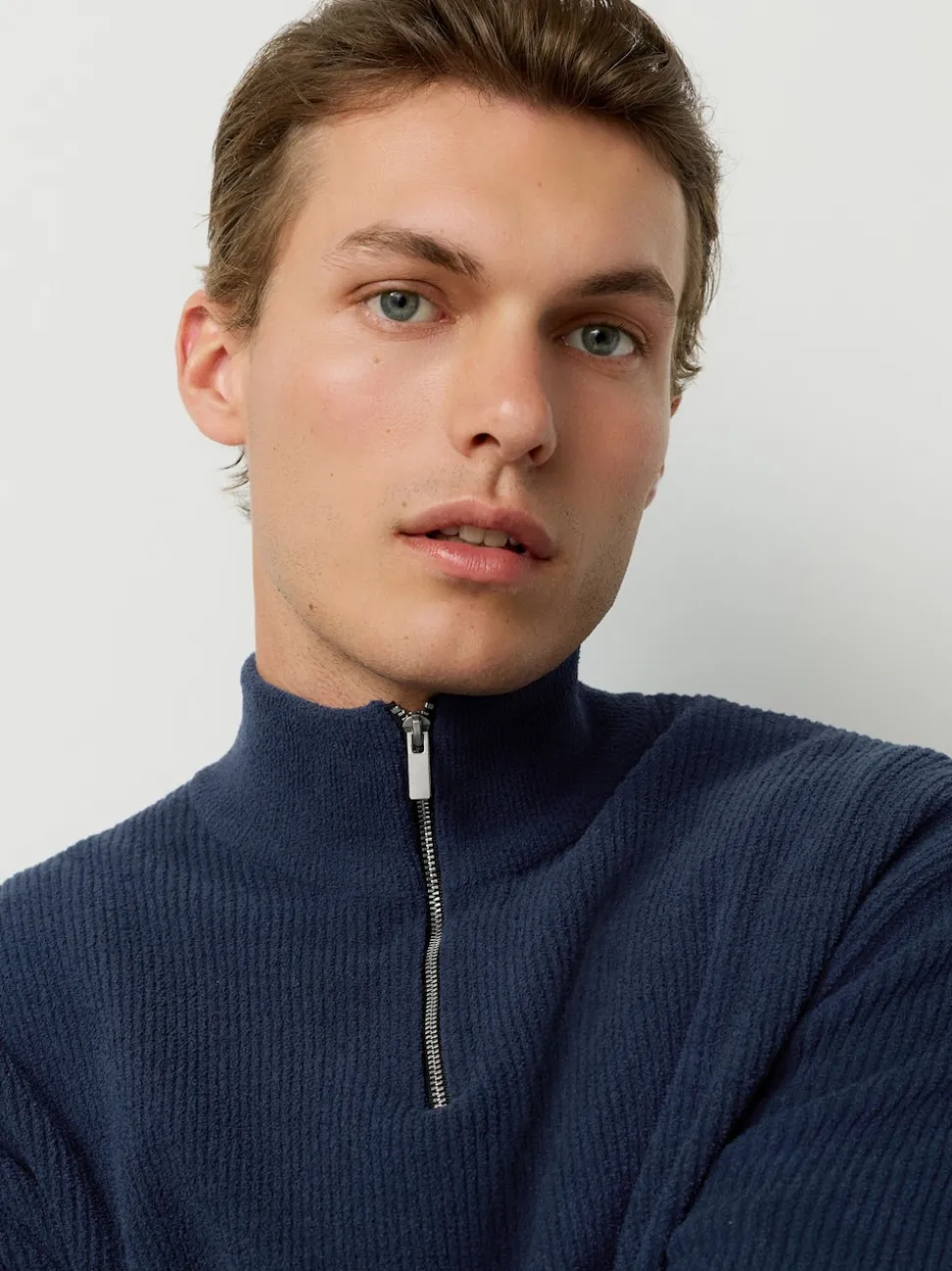 Mid Blue Regular Fit Ribbed Chenille Quarter Zip Jumper