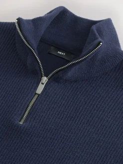 Mid Blue Regular Fit Ribbed Chenille Quarter Zip Jumper