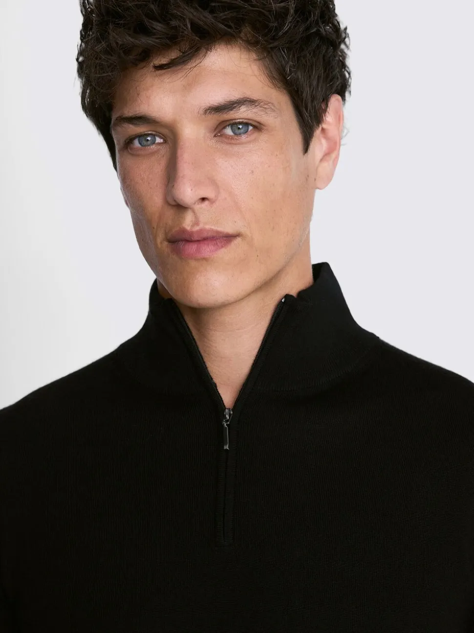 MOSS Black Merino-Blend Zip-Neck Jumper