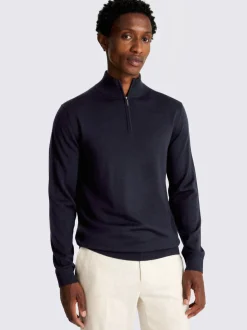 MOSS Blue Merino-Blend Zip-Neck Jumper