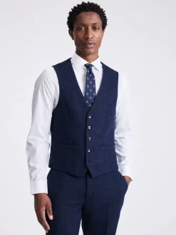 MOSS Blue Slim Donegal Tweed Suit Waistcoat
