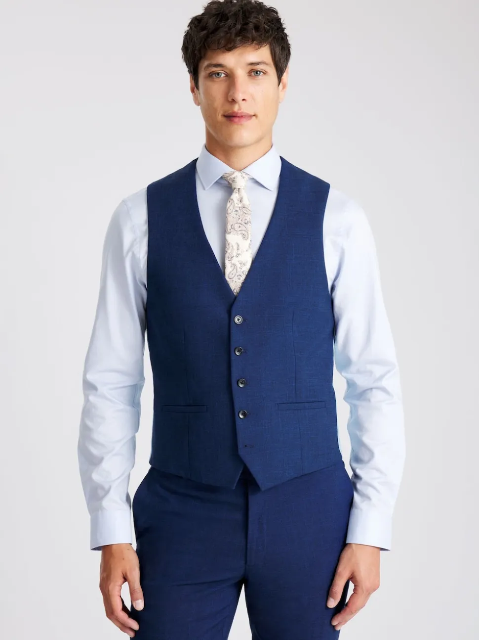 MOSS Blue Slim Slub Suit Waistcoat