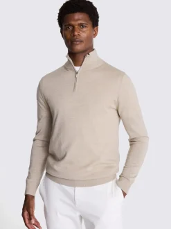 MOSS Camel Merino-Blend Zip-Neck Jumper