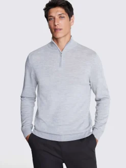 MOSS Light Grey Merino-Blend Zip-Neck Jumper