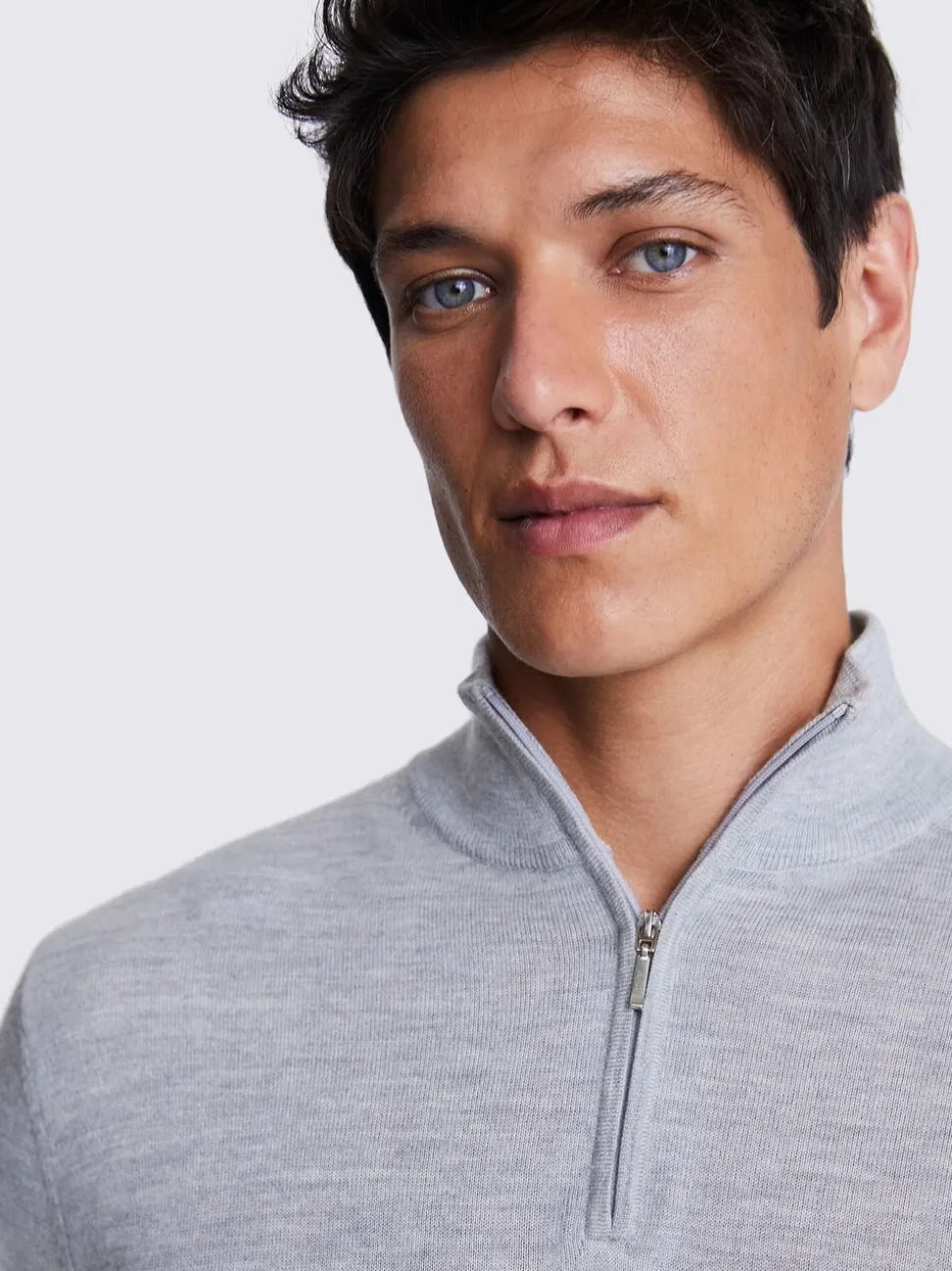 MOSS Light Grey Merino-Blend Zip-Neck Jumper