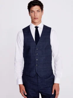 MOSS Navy Black Check Regular Fit Suit Waistcoat