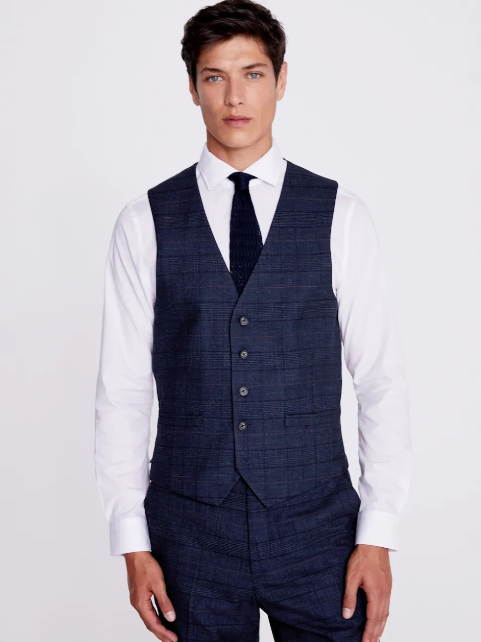 MOSS Navy Black Check Regular Fit Suit Waistcoat